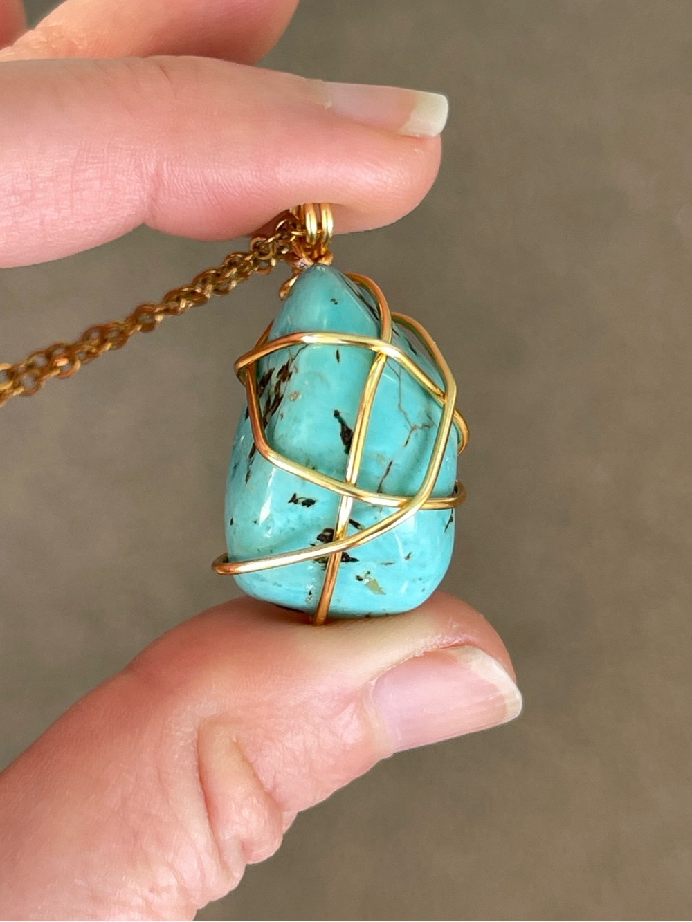 Turquoise Dyed Howlite Stainless Steel Gold Plated Chain Necklace Handmade
